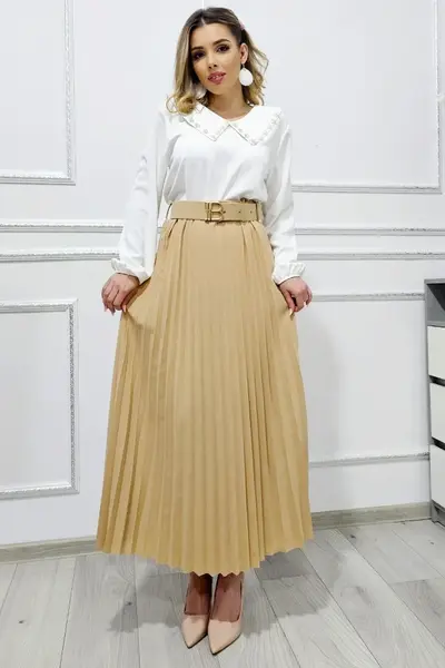 Fusta de zi plisata BELORI si curea decorativa, Bej, Marime S/M/L