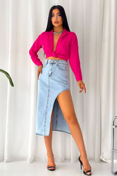 Fusta denim, Kasy, cu buzunare fata/spate si crapatura laterala, Albastru deschis