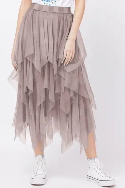 Fusta din tulle, in straturi inegale, lunga, bej inchis