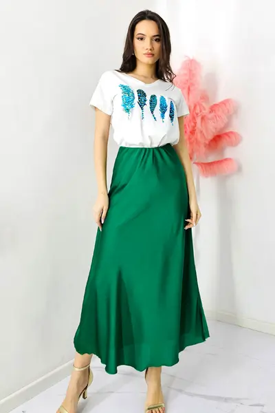 Fusta eleganta Penelope, cu textura satinata si croi lung, Verde, Marime S/M/L