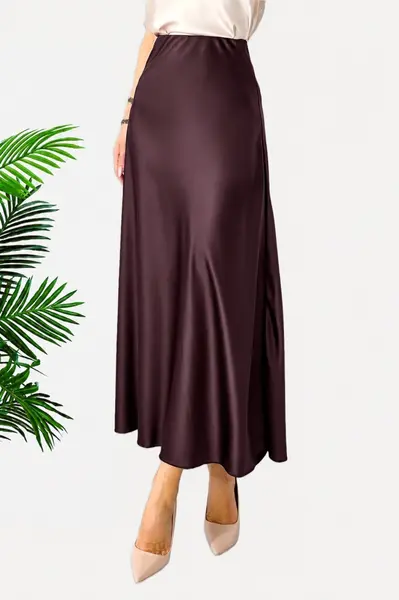 Fusta eleganta Penelope, satinata si croi lung, Maro Ciocolata, Marime S/M/L