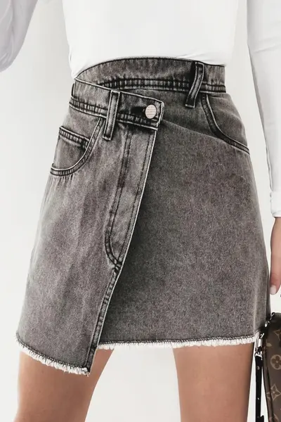 Fusta Hippy petrecuta, din denim, Gri inchis