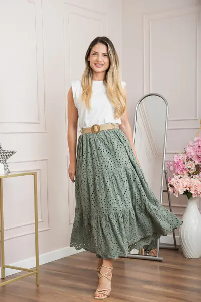 Fusta kaki boho chic cu perforatii si curea in talie