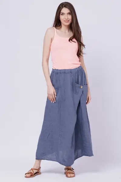 Fusta larga din in cu un colt prins, albastru jeans