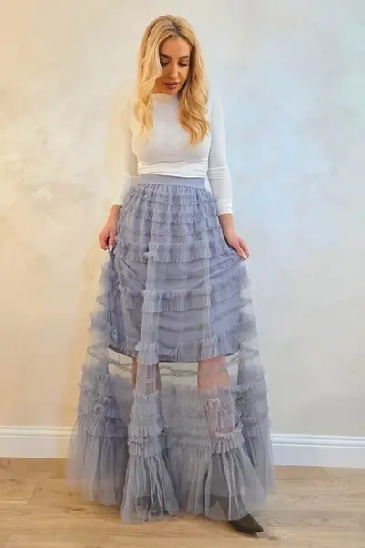 Fusta lunga BOHO, transparenta, cu insertii de tull si dantela, GRI