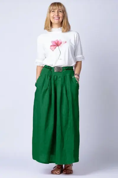 Fusta lunga casual, verde intens, din in, cu o curea fancy