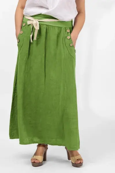 Fusta lunga casual verde oliv, din in, cu nasturi de lemn la buzunare