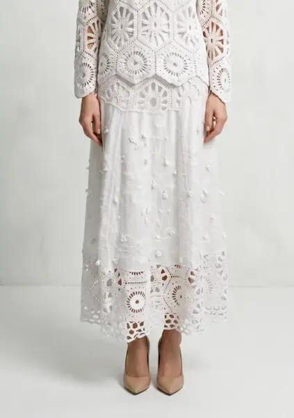 Fusta lunga din bumbac cu broderie, croi lejer, eleganta, alba