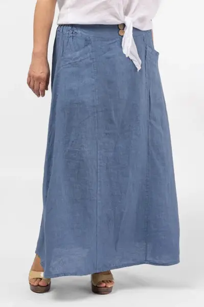 Fusta lunga din in, cu doi nasturi de lemn pe talie, albastru jeans