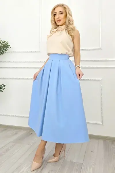 Fusta lunga evazata Mathilde, cu buzunare si pliuri, Baby Blue, Marime S/M/L