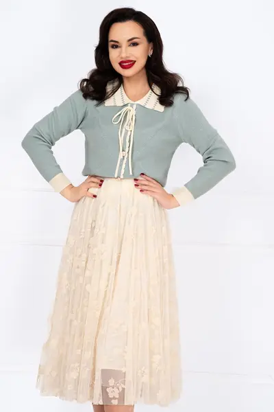 Fusta midi din tulle crem cu model floral