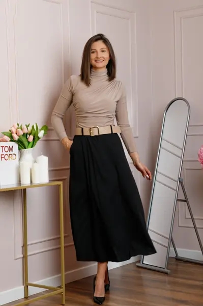 Fusta midi neagra eleganta cu talie inalta si curea reglabila Ivy