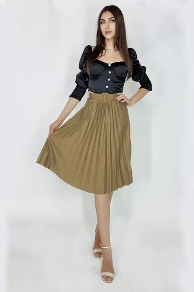 Fusta plisata eleganta Carmen, curea de aceeasi culoare inclusa, Bej, Marime universala S/M