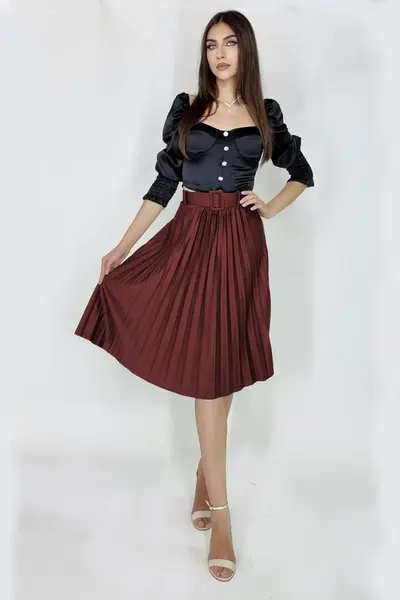 Fusta plisata eleganta Carmen, curea de aceeasi culoare inclusa, Visiniu, Marime universala S/M