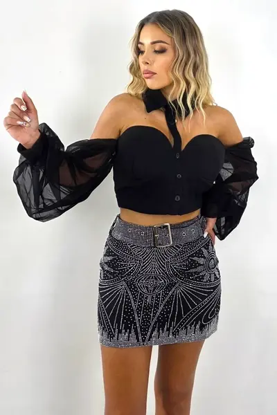 Fusta scurta Paola cu imprimeu abstract, din paiete si curea, Negru, Marime S/M
