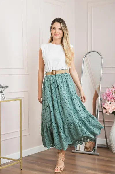 Fusta verde mint boho chic cu perforatii si curea in talie