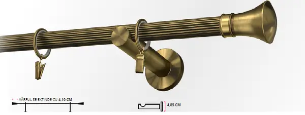 Galerie simpla picior universal striat PRINCE 19 mm - aur antic