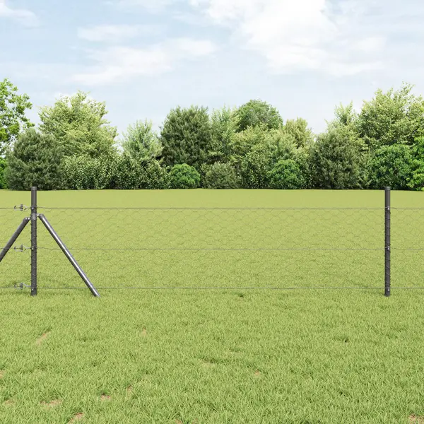 Gard hexagonal Gossi gri 0.8x10 m otel, stalpi de gard Gossi 7 buc gri Ø32 mm 120 cm otel zincat