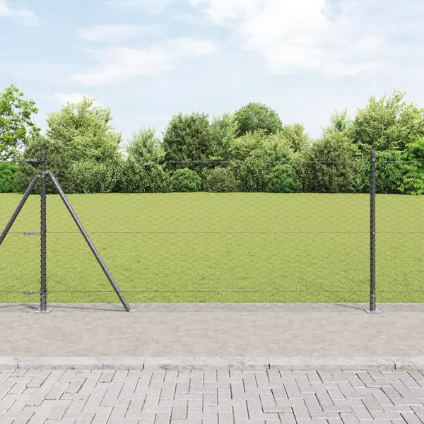 Gard hexagonal Gossi gri 0.8x100 m otel, stalpi de gard Gossi cu placi de baza 13 buc Ø32mm 90cm otel galvanizat