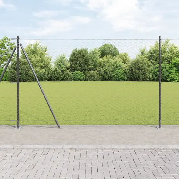 Gard hexagonal Gossi gri 1.4x100 m otel, stalpi de gard Gossi cu placi de baza 13 pcs Ø32mm 78.5cm otel galvanizat
