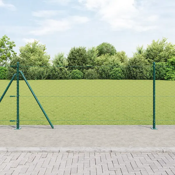 Gard hexagonal Gossi verde 0.8x10 m otel, stalpi pentru gard Gossi cu placi de baza 7 buc Ø32mm 90cm otel zincat