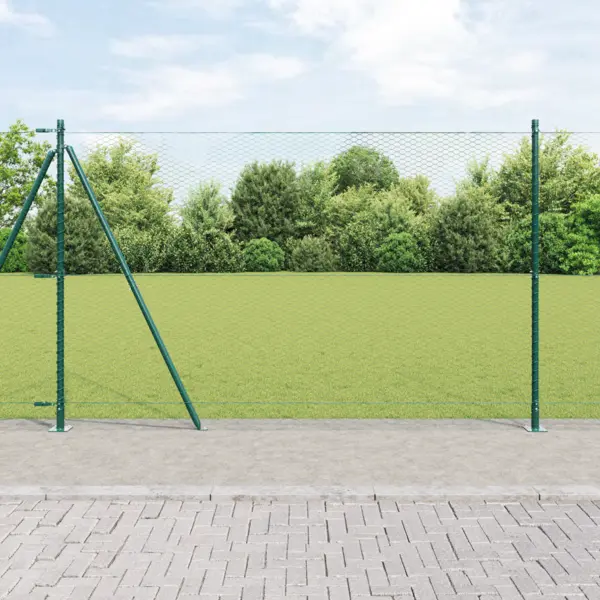 Gard hexagonal Gossi verde 1.4x25 m otel, stalpi de gard Gossi cu placi de baza 13 pcs Ø32mm 78.5cm otel galvanizat