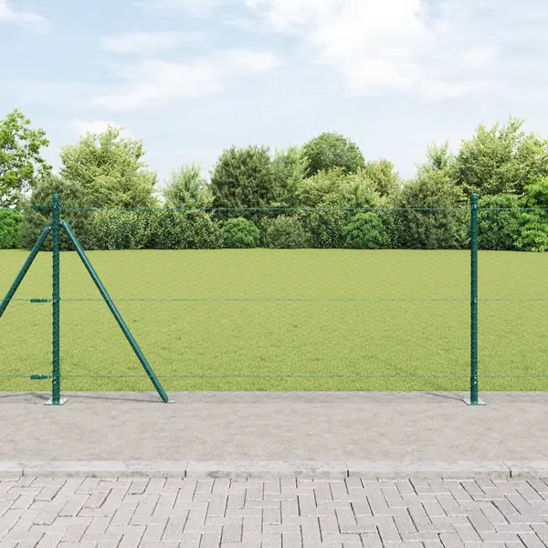 Gard hexagonal Gossi verde 1x10 m otel, stalpi de gard Gossi cu placi de baza 7 piese Ø32mm 110cm otel zincat