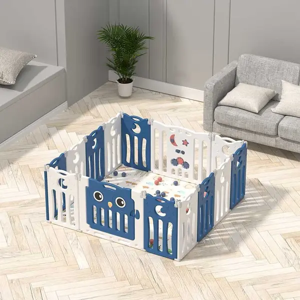 Gard pentru bebeluși Feelkids - Bufniță albastră, 143 x 143 x 63 cm