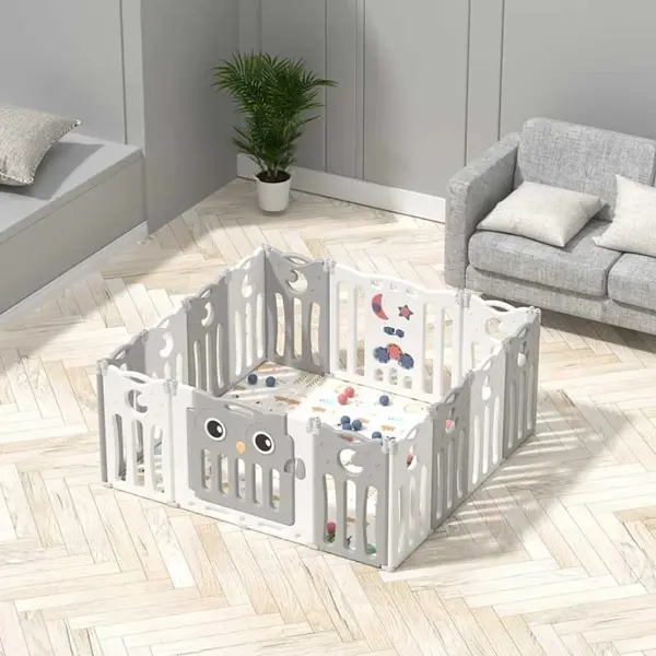 Gard pentru bebeluși Feelkids - Bufniță gri, 143 x 143 x 63 cm