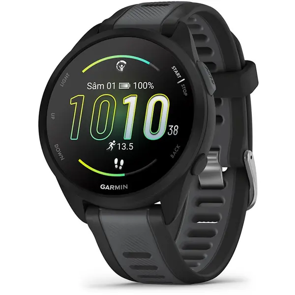 GARMIN Ceas Garmin Forerunner 165, memorie 8GB, autonomie modul ceas inteligent: pana la 11 zile, modul de economisire a bateriei pana la 20 zile, rezistant la apa, Negru/Slate Grey
