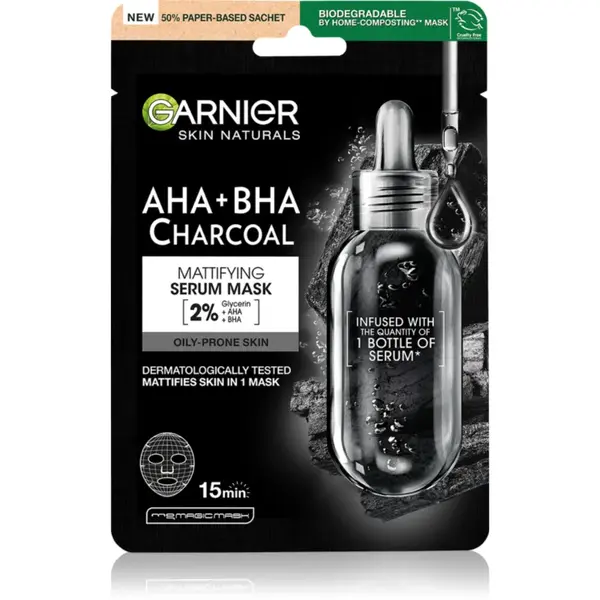 Garnier Textil Masks AHA+BHA Charcoal mască textilă hidratantă cu cărbune activ 28 g