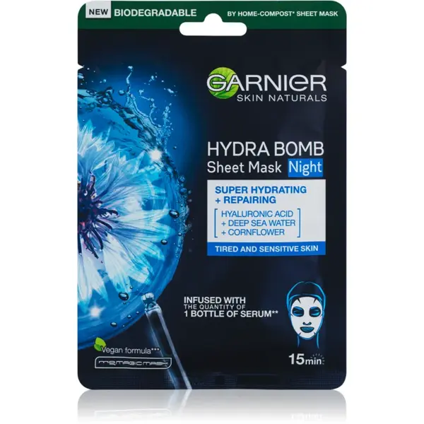 Garnier Textil Masks Hydra Bomb mască textilă hidratantă pentru noapte 28 g