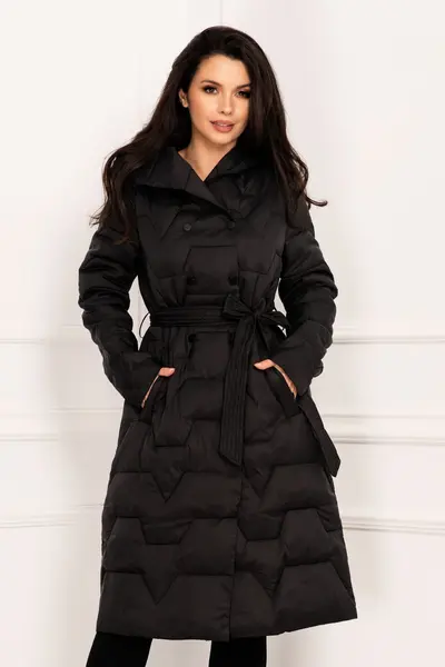 Geaca dama lunga oversize neagra matlasata cu capse si cordon in talie