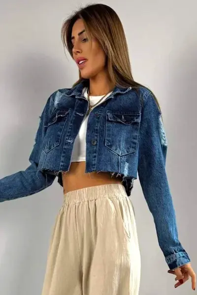 Geaca scurta din denim Corsica, cu buzunare si perforatii multiple, Albastru