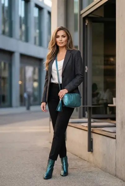 Geanta crossbody turcoaz metalizat din piele naturala, cu ciucure din piele