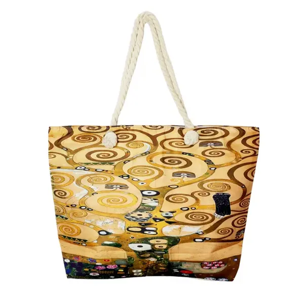 Geanta de plaja din material textil, cu reproducere dupa Pomul Vietii - Gustav Klimt