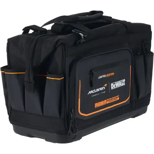 Geanta de scule DeWALT DWST60104-9, editie limitata McLaren, utilizari multiple, 33 de buzunare, piese acoperite cu metal, compartiment impermeabil, baza impermeabila, material durabil, structura consolidata