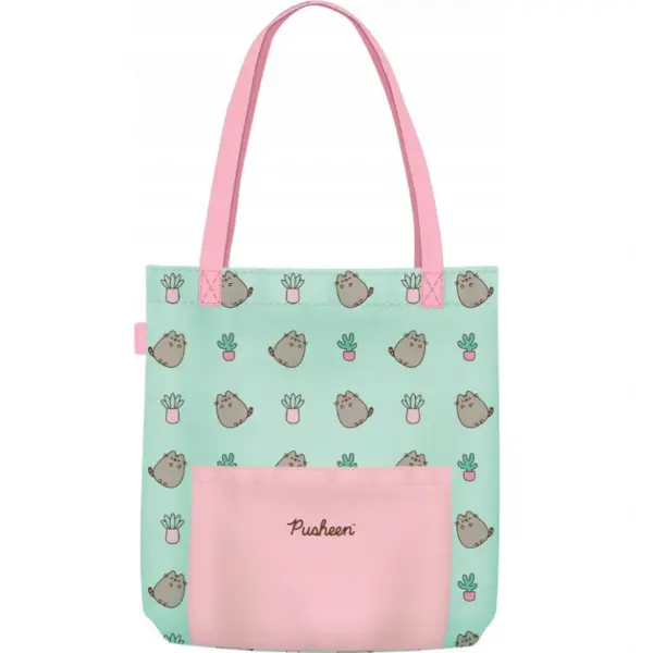 Geanta de umar St. Majewski Pusheen, verde deschis cu roz, 42x32 cm