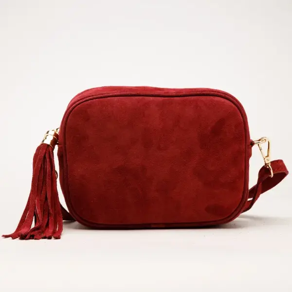Geanta din piele intoarsa cu franjuri, model crossbody, bordo