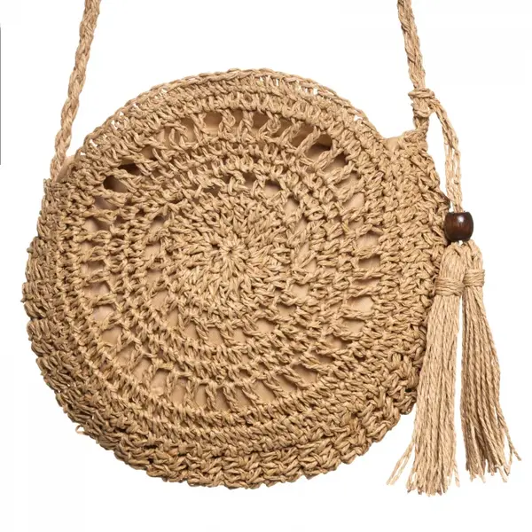 Geanta mica impletita crossbody, circulara cu ciucure decorativ, bej inchis