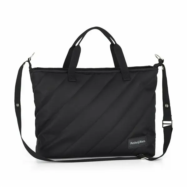 Geanta pentru mamici, Petite&Mars, Mia , Compartimente multiple, Buzunare interioare si exterioare- inclusiv termice, Curea de umar, Sistem de prindere pe carucior, 38 x 27 x 14 cm, Negru