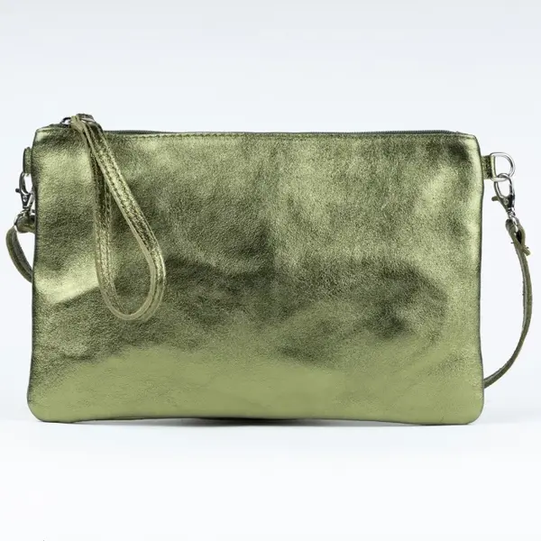 Geanta plic crossbody verde metalizat, din piele naturala