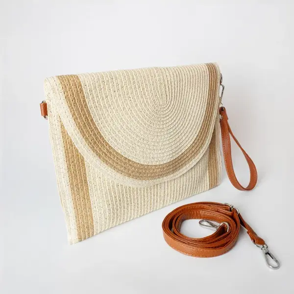 Geanta plic impletita crossbody, cu bareta de umar si de mana, bej deschis cu bej inchis