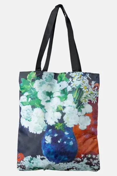 Geanta shopper din material textil, dupa o pictura cu flori albe in vaza