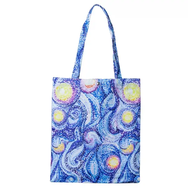 Geanta shopper din material textil, imprimeu abstract mov si galben