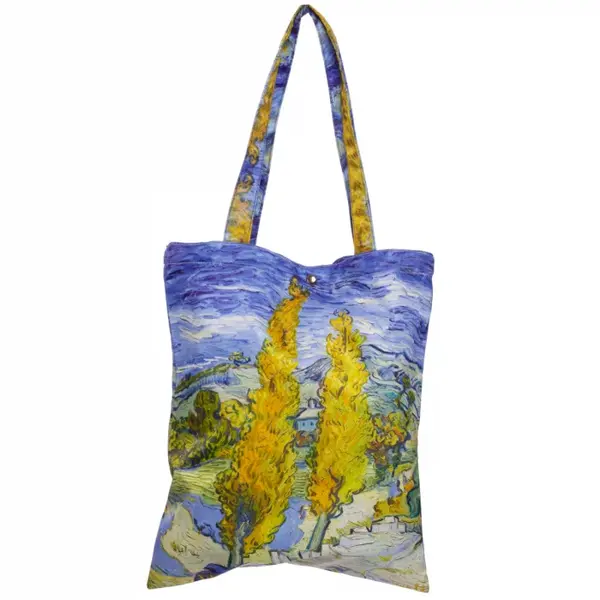 Geanta shopper din material textil satinat, cu imprimeu inspirat dintr-o pictura cu chiparosi a lui Van Gogh