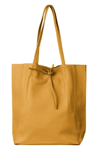 Geanta shopper mustar din piele naturala, cu fermoar