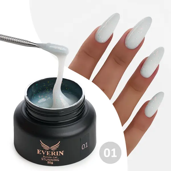 Gel Constructie Everin Stunning 01 Alb Laptos cu Paiete Holografice | Gel Autonivelant Profesional
