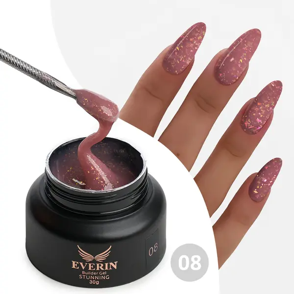 Gel Constructie Everin Stunning 08 Mauve Intens cu Paiete Holografice | Gel Autonivelant Profesional