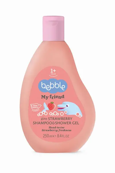 Gel de dus si sampon 2in1 pentru copii Bebble My Friend cu aroma de Capsuni, cu vitamina B3, panthenol, cantitate 250 ml